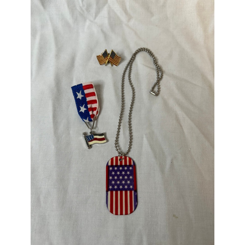 American Flag Jewelry Set Patriotic Dog Tag Necklace‎ Pin Brooch USA